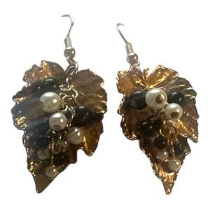 Boho Leaf Dangle Earrings with Black & Pearl Bead Clusters – Nature Inspired